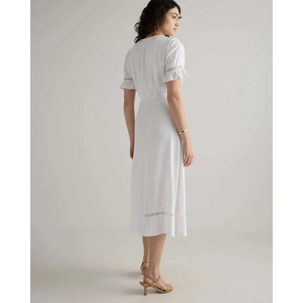 Quince Organic Crepe Lace Insert Midi Dress Ivory White XL NWT